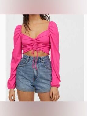 Divided Pink Ruched Square-Neck Crop Top with Puff Sleeves